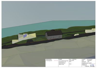 3D-visualisering av en hytte ved vannet med omgivende terreng og nabohus.