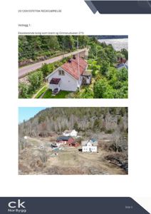 To fotografier av eksisterende boliger og tomt, tatt fra luft eller høyde.