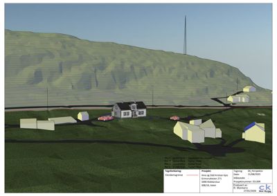 3D-visualisering av et hus og omgivelsene på en skråning.