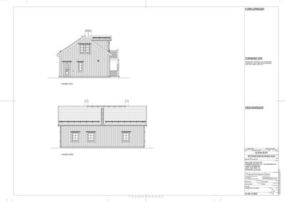 Fasadetegning som viser bygningens utseende sett fra vest og nord.