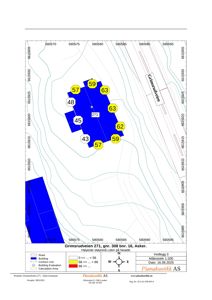 Kart over Grimsrudveien 271 med støykartlegging (høyeste støynivå) og bygningsfotfotavtrykk.