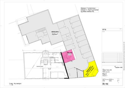 Etasjeplan (2. etasje) som viser romfordeling og arealer for Seksjon 1, 3 og fellesareal.