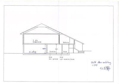 Snittegning som viser bygningens tverrsnitt med romfordeling (2. etg, Soverom, Sluse), nivåer og konstruksjon.