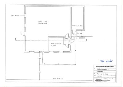 Etasjeplan (1. etg) som viser romfordeling, eksisterende og nye vinduer, samt en ny soverom.