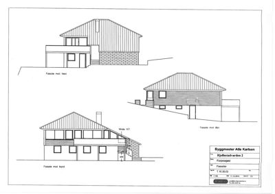 Fasadetegning som viser bygningens utsyn mot nord, vest og bak (mot Bli).