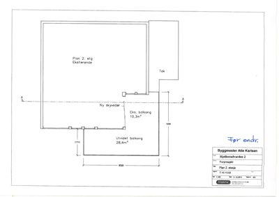 Etasjeplan (Plan 2) som viser eksisterende og planlagt utvidelse av balkong og skyvedør.