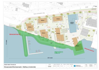 Situasjonsplan som viser tomt, bygninger (BYGG A-G), veier og utfylte arealer.