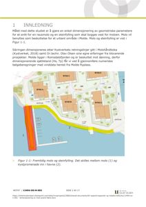 Et situasjonskart eller en oversiktsplan som viser en fremtidig molo (merket 1) og en steinfylling (merket 2) i havna. Kartet illustrerer plasseringen av bygningene (BYGG A, B, C, D) i forhold til moloen og kystpromenaden.