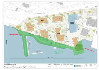 Situasjonsplan som viser tomt, bygninger, veier og landmåling