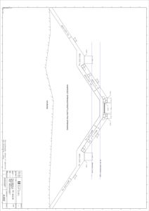 Tegning som viser detaljert oppriss av en samferdselsanlegg (f.eks. gangvei eller stige) med mål og konstruksjonsdetaljer.