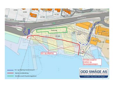 Situasjonsplan som viser tomtegrenser, veier, parkeringsområder og andre arealbruk i et byggeprosjekt.