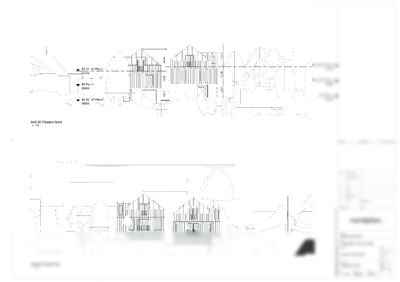 Fasadetegning som viser bygningens utseende sett fra nord og sør, inkludert mål og vindusoppsett.
