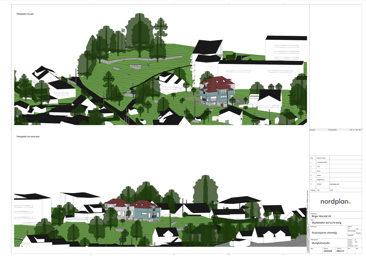 Illustrasjon (rendering) som viser en perspektivtegning av et boligområde med hus, trær og terreng. Bildet inneholder to utsnitt: 'Perspektiv fra sør' og 'Perspektiv fra nord-vest'.