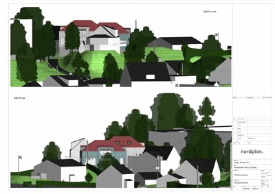 3D-visualisering (rendering) av et boligfelt sett fra nord og sør, inkludert terrengform, beplantning og nabohus.