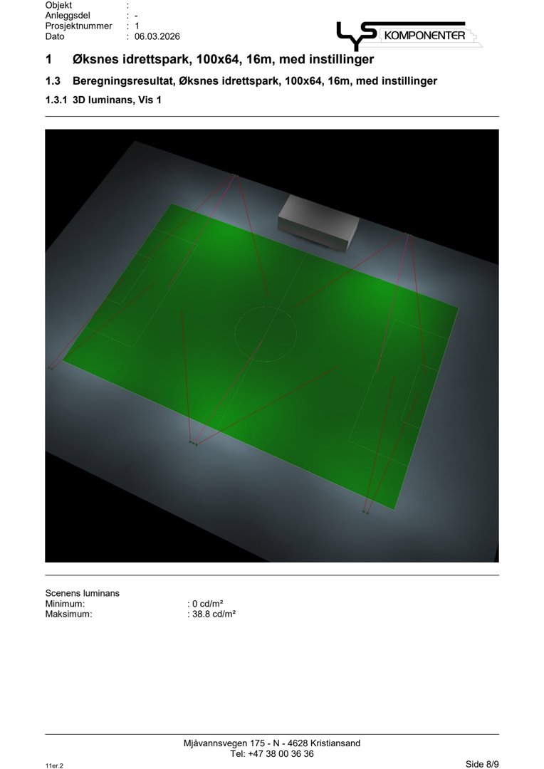 3D-visualisering (rendering) som viser lysfordeling (luminans) over et idrettsanlegg.