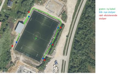 Fotografi av et fotballfelt med overlagte markeringer (grønn, blå, rød) som viser plassering av nye og eksisterende stolper/kabler.