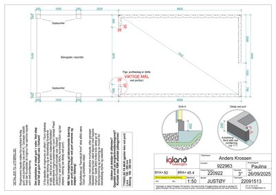 Snittegning (Snitt A) av en garasje med mål og konstruksjonsdetaljer