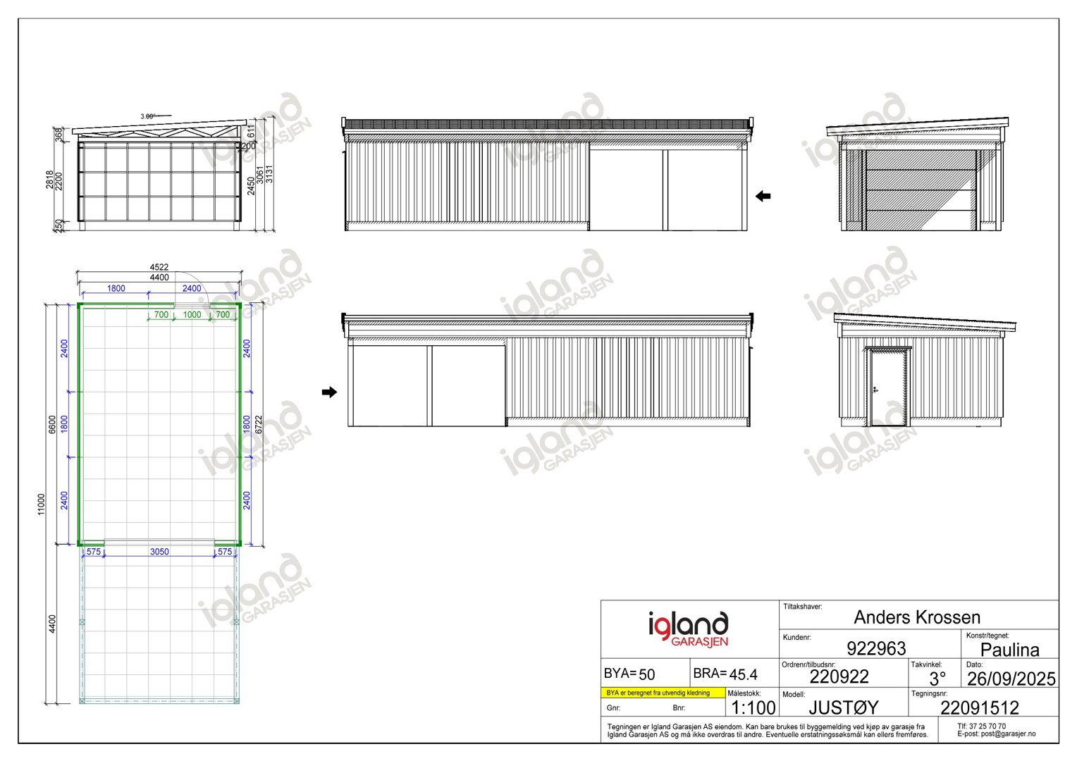 Fasadetegning som viser front- og sideutsikt av en garasje med mål og detaljer.