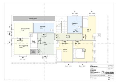 Etasjeplan for underetasjen av en bolig, som viser romfordeling, arealer og tekniske detaljer.