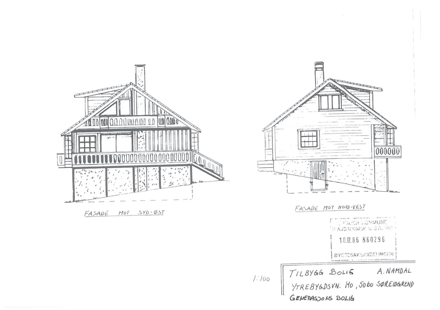 Tegning som viser fasadeopprikk for to sider av en bygning (NØR-VEST og SYD-ØST).