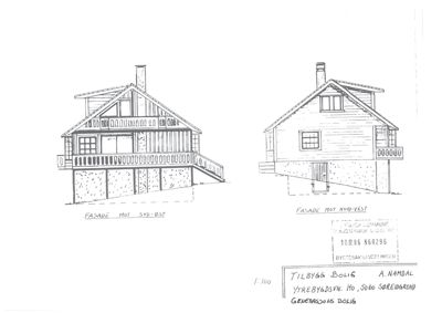 Tegning som viser fasadeopprikk for to sider av en bygning (NØR-VEST og SYD-ØST).