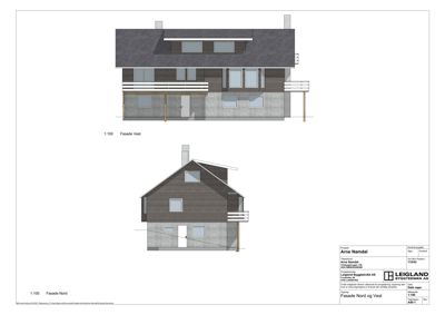 Fasadetegning som viser bygningens utsyn mot nord og vest.