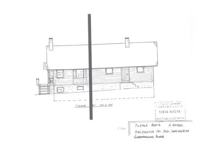 Oppriss (fasadetegning) av en bygning med skriftlig opplysning om adresse og tegningsnummer.