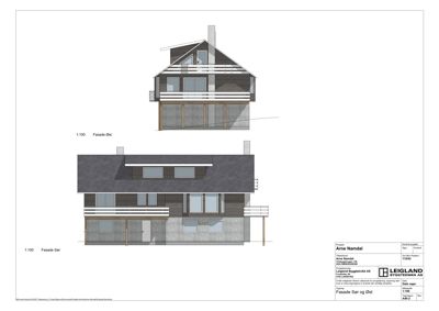 Fasadetegning som viser bygningens utseende fra øst og sør.