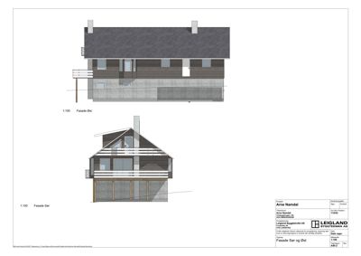 Fasadetegning som viser bygningens utseende fra øst og sør.