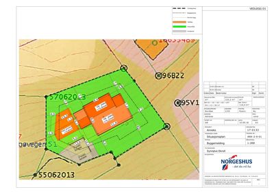 Situasjonsplan som viser tomtens grenser, bygningers plassering, arealer og tilgrensende eiendommer.
