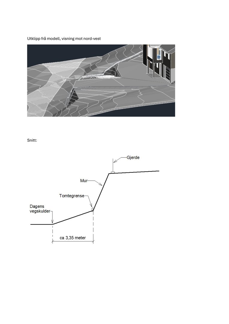 Bildet viser en 3D-modell (rendering) av et utklipp fra et terreng, samt en tilhørende snittegning som illustrerer høydeforskjeller og grenser.