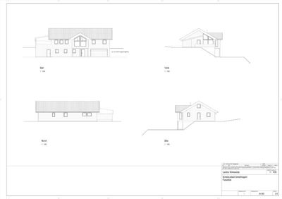 Fasadetegning som viser bygningens utseende fra fire sider (Sør, Vest, Nord, Øst).