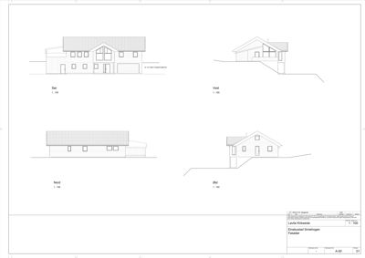 Fasadetegning som viser bygningens utseende fra fire sider (Sør, Vest, Nord, Øst).