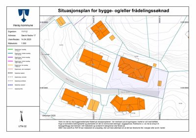 Situasjonsplan for bygge- og/eller frådelingssøknad fra Herøy kommune, som viser eiendomsgrenser, bygninger og topografi.
