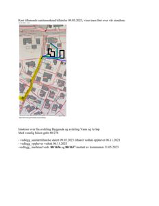 Kart som viser trase for vann- og avløpsledninger i forhold til eiendomsgrenser.