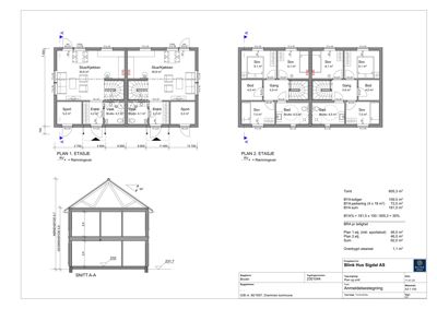 Bildet viser etasjeplaner (PLAN 1. ETASJE og PLAN 2. ETASJE), et snitt (SNITT A-A) og en oppsummering av areal (Tott, BYA, BRA) for en bolig.