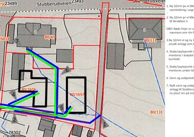 Situasjonsplan som viser tomt, bygninger, veier (Stubberudveien) og planlagte vann- og avløpsledninger med nummererte punkter.