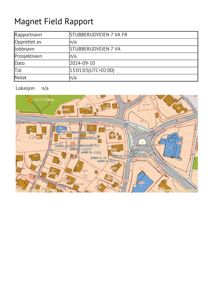 En situasjonsplan eller kartutsnitt som viser bygningers plassering i forhold til veier og andre eiendommer, med merking av magnetfeltmålinger.