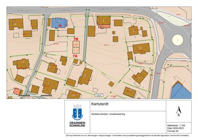 Kartutsnitt som viser eiendomsinndeling, bygninger og veier i Stubberudveien.