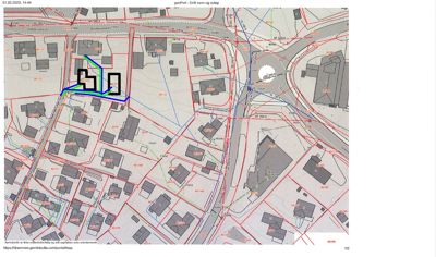 Kommunalt kart (geoPort) som viser eiendomsgrenser, vegnett og bygningsfotfeste i et område.