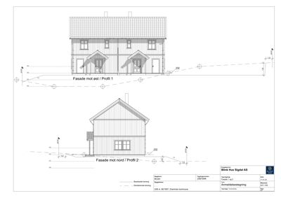 Fasadetegning som viser bygningens utseende fra øst og nord med oppriss og profilering.