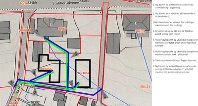 Situasjonsplan som viser tomt, bygninger, veier og planlagte vann- og avløpsledninger med tilhørende tekstbeskrivelse.