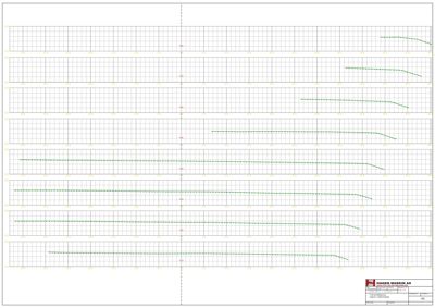 Teknisk tegning som viser et detaljert snitt eller profil med målinger og konstruksjonslinjer.