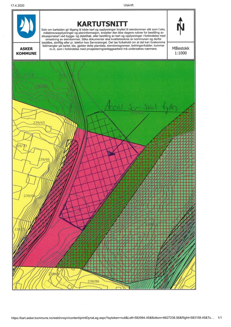 Situasjonsplan eller kartutsnitt som viser eiendomsgrenser, terrengforhold (konturlinjer) og arealbruk.