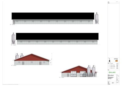 Fasadetegning som viser bygningens utseende fra fire ulike vinkler (for, bak, venstre og høyre side).