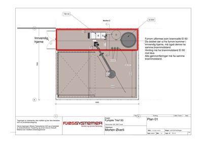 En detaljtegning av en fyrromsinnretning med angitte mål, brannmotstandskrav og konstruksjonsdetaljer.