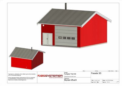 3D-visualisering (rendering) av en rød skur med grå tak og garasjeport, vist fra to perspektiver.