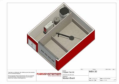 3D-visualisering av en teknisk romfordeling med utstyr (fyrkjele, tank, motor) og veggkonstruksjoner.