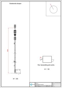 Situasjonsplan som viser eksisterende antenneanlegg (mast) og en bygning sett ovenfra, med mål og nordpil.