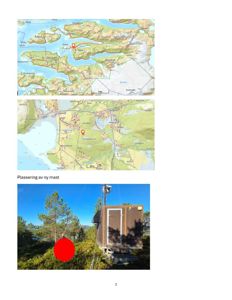 Bildet viser to kart som viser geografisk plassering (Eivindvik og Tønsberg) samt et fotografi av en mast med overskriften 'Plassering av ny mast'.